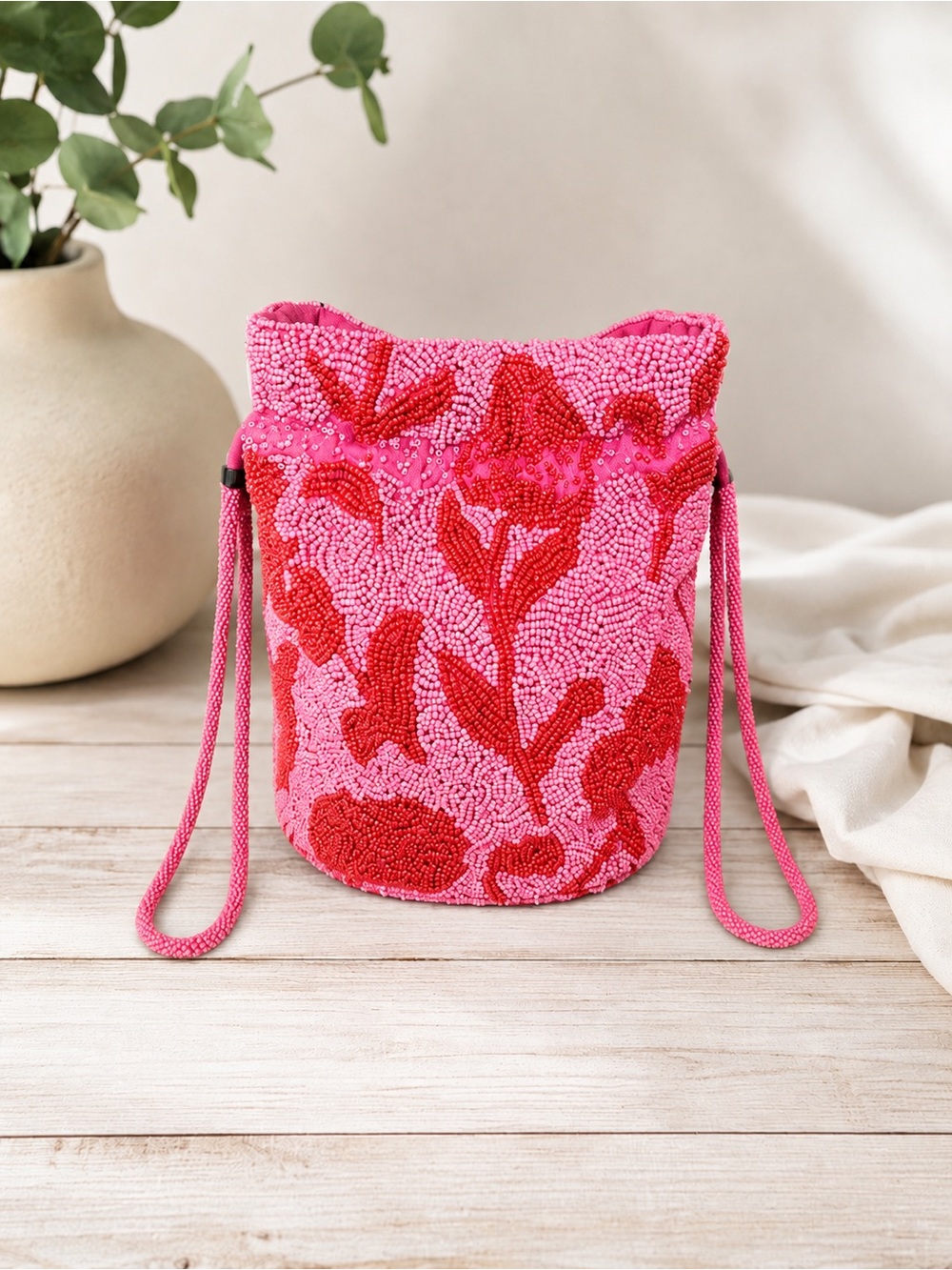Vibrant Pink & Red Beaded Bucket Crossbody Bag